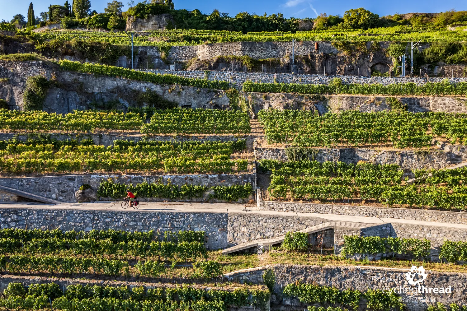 Cycling route through Lavaux vineyards in Switzerland