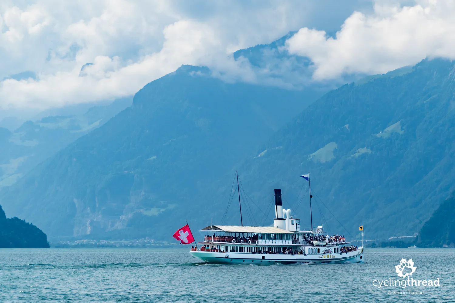 Paddle steamer on Lake Lucerne, with Rütli in the background