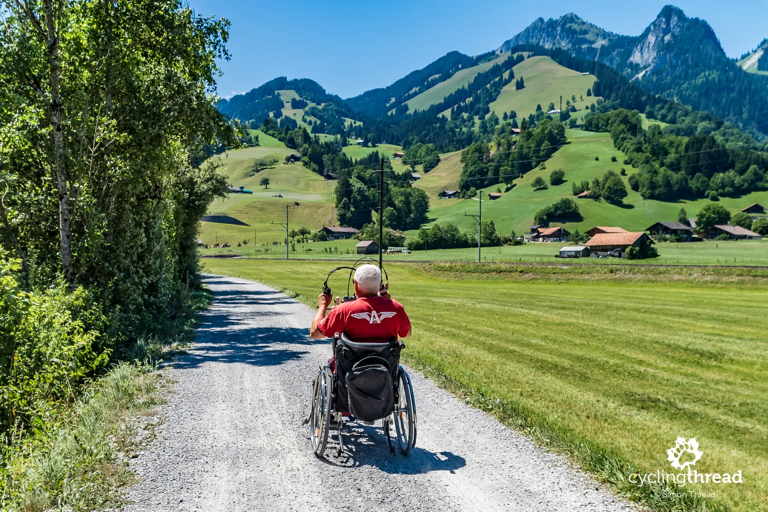 A person in a handbike on a cycling route in Switzerland