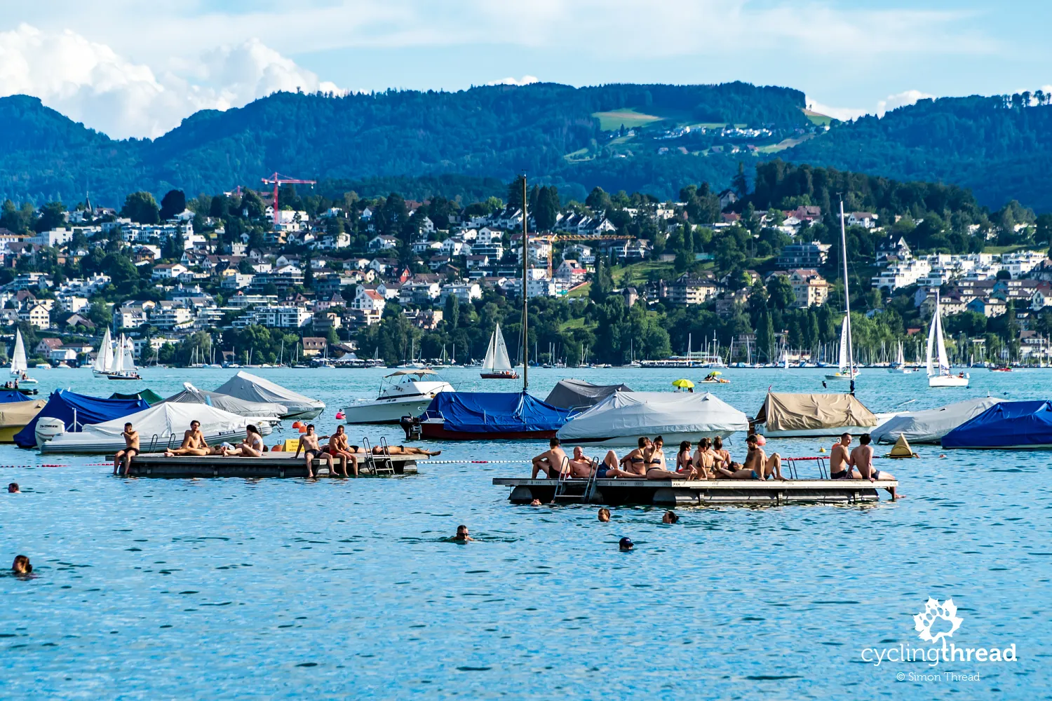 Rafts anchored on Lake Zurich
